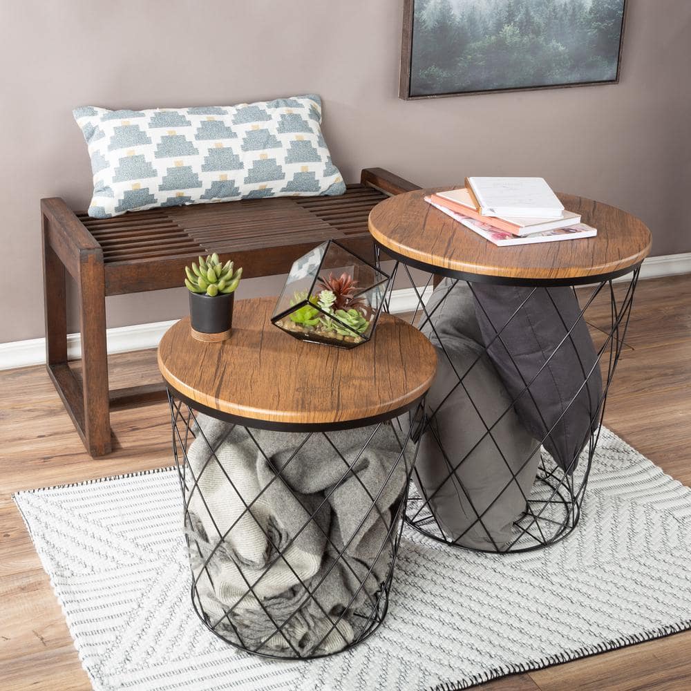 Rustic Brown and Black 24" Round Wood and Metal Nesting End Tables with Storage - Set of 2