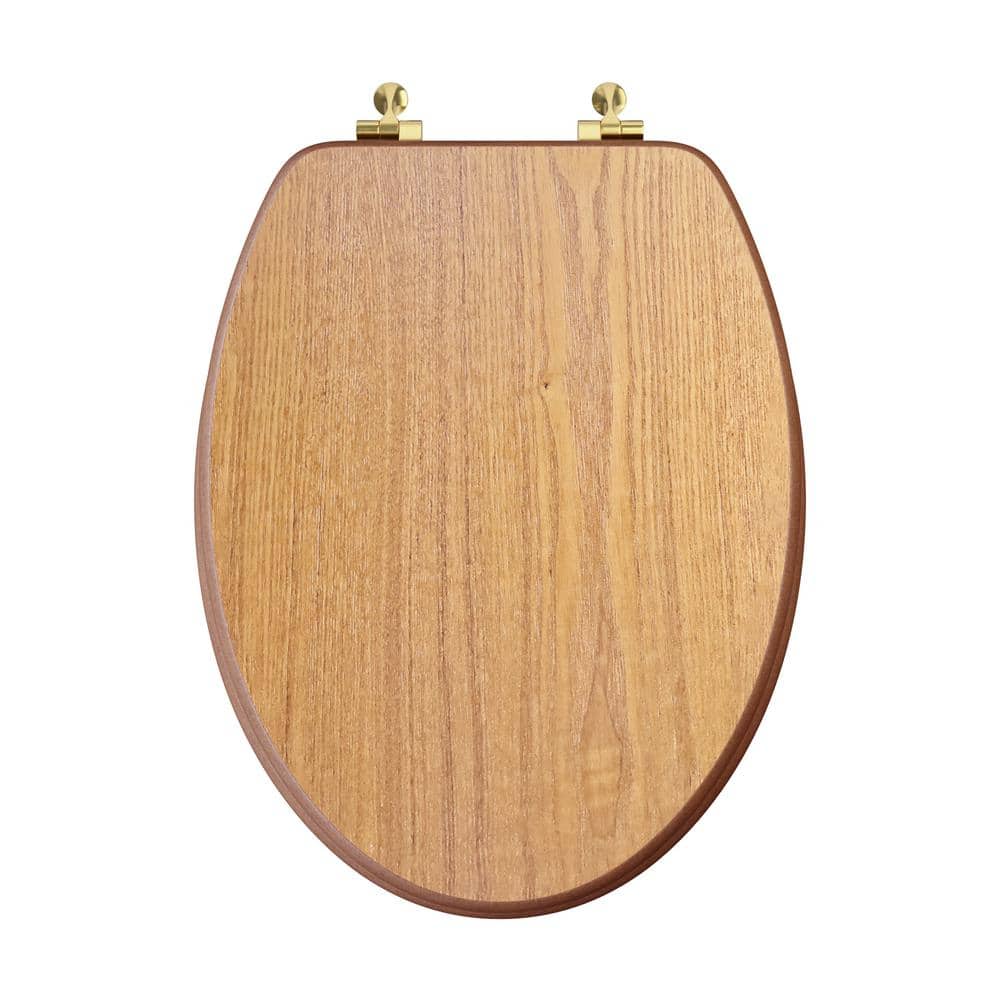 Light Oak Elongated Wood Toilet Seat with Brass Hinges