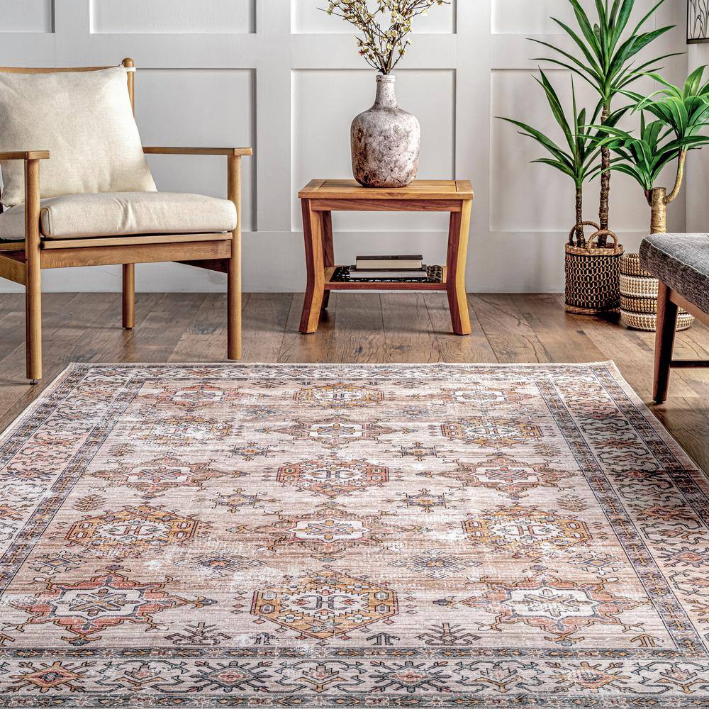 Eco-Friendly Beige Synthetic 4' x 6' Washable Area Rug