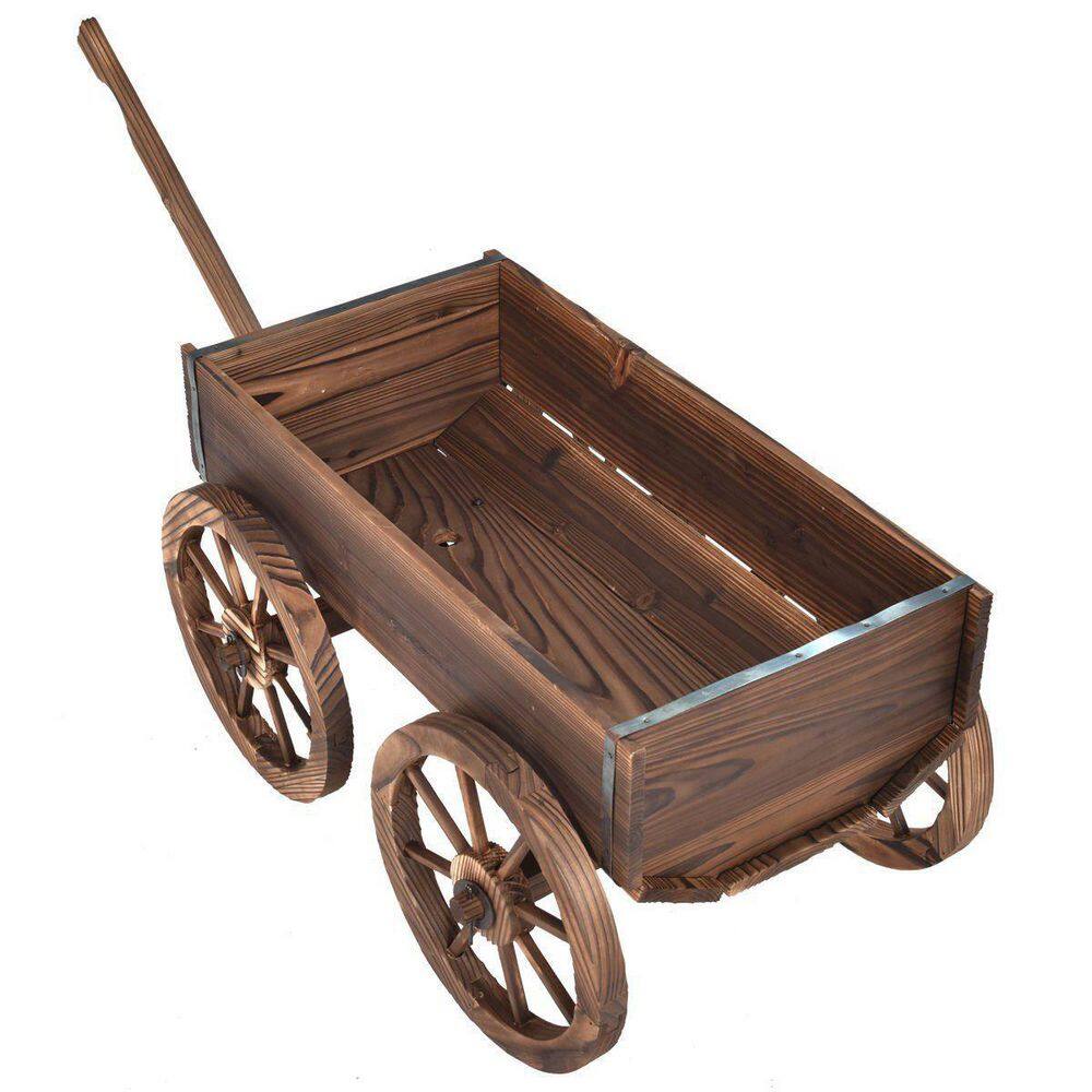 Rustic Brown Wooden Wagon Planter with Wheels