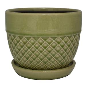 6 in. Dia Green Acorn Bell Ceramic Planter