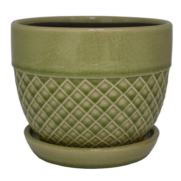 Trendspot 6 in. Dia Green Acorn Bell Ceramic Planter
