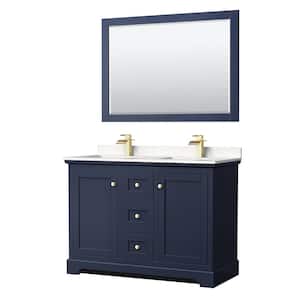 Avery 48"W x 22"D Double Vanity in Dark Blue w/ Cultured Marble Vanity Top in LightVein Carrara w/ Basins & Mirror