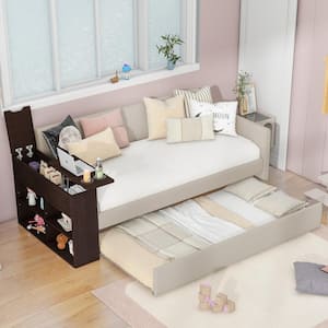 Beige Twin Size Upholstered Daybed with Trundle, Flip-Top Storage Arm, Shelves, Cup Holder and USB Charging Design