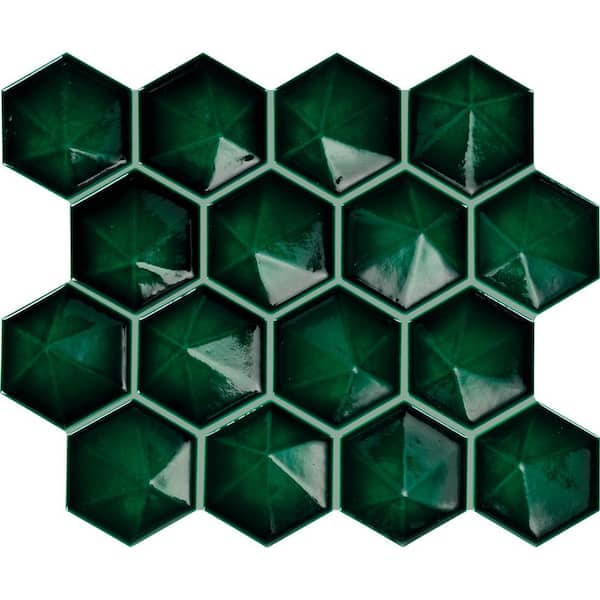 Artefino Jewel Emerald 11 in. x 12 in. Glossy Porcelain Pyramid Hexagon Mosaic Tile (8.6 sq. ft. /case)