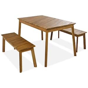 3-Piece Natural Wood Patio Outdoor Dining Set with 2 Benches and 1 Acacia Wood Table