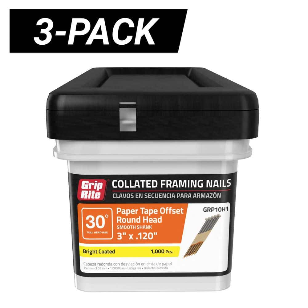 3-Pack 3 in. x 0.120-Gauge 30° Paper Collated Bright Coated Smooth Shank Round Head Framing Nails (3000/Bundle) price history on PriceWatchPro