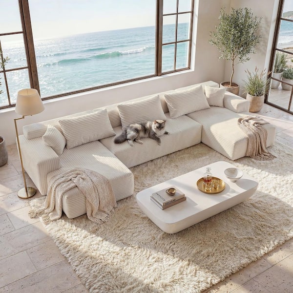 134 in. Square Arm 3-Pieces Corduroy Upholstered U-Shaped with 5 Pillows Modern Modular Sectional Sofa in. Beige