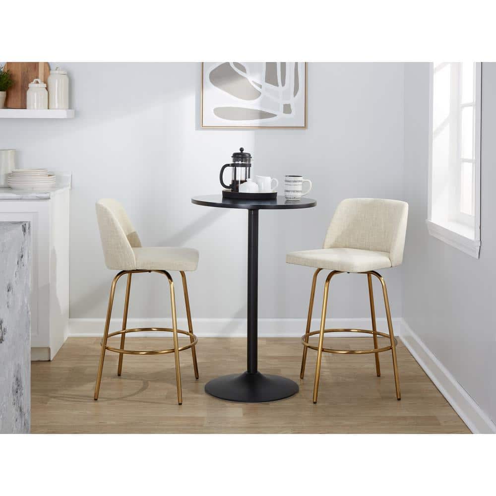 Cream Fabric and Gold Metal Swivel Counter Stools, 26" Seat Height