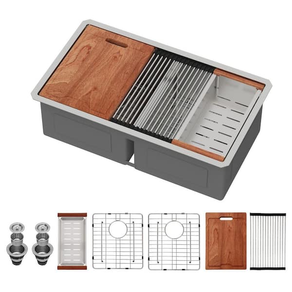 30 in. Undermount Workstation Sink with Low Divide 16-Gauge Stainless Steel Double Bowl Kitchen Sink