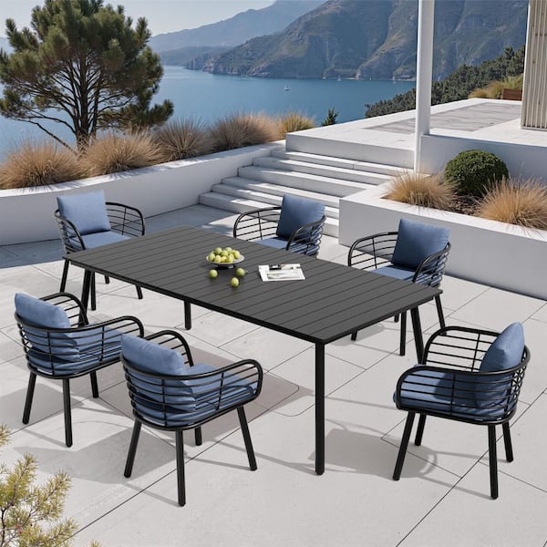 Black 7-Piece 82 in. Aluminium Wood-Like Outdoor Dining Set with Umbrella Hole, Sunbrella Spectrum Denim Cushions