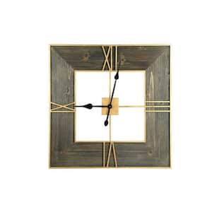 Brown Rustic Square Wall Clock with Wood Finish and Gold Trim