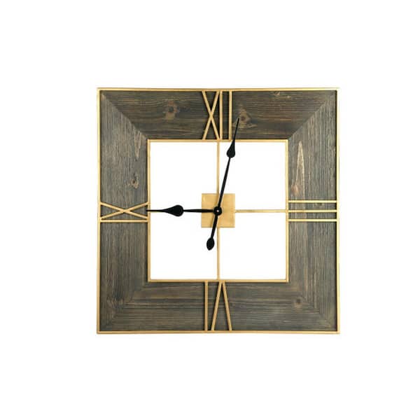 Storied Home Brown Rustic Square Wall Clock with Wood Finish and Gold Trim
