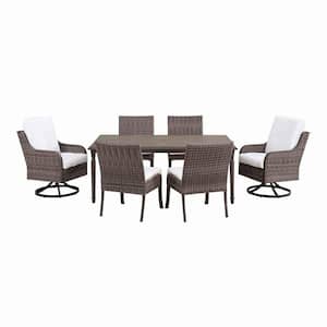 Windsor 7-Piece Brown Wicker Rectangular Outdoor Dining Set with CushionGuard Chili Red Cushions
