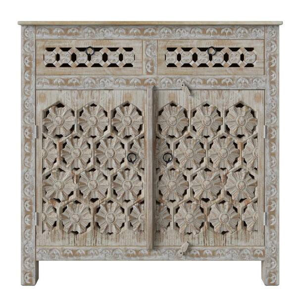 Handy Living Lime Wash Quentin Filigree Design Wood Cabinet with Drawers