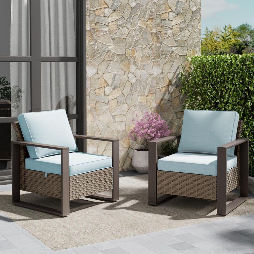 2-Piece Outdoor Wicker Lounge Chair Set with Metal Frame and Baby Blue Cushions price history on PriceWatchPro