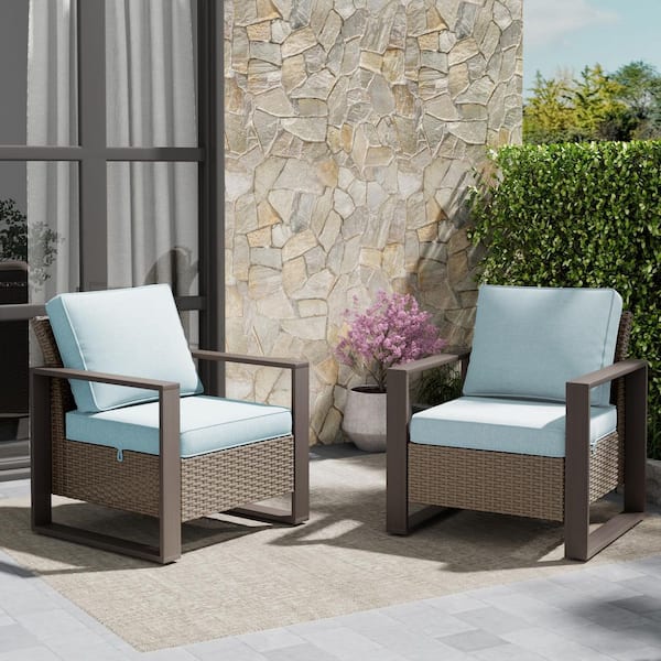 2-Piece Outdoor Wicker Lounge Chair Set with Metal Frame and Baby Blue Cushions