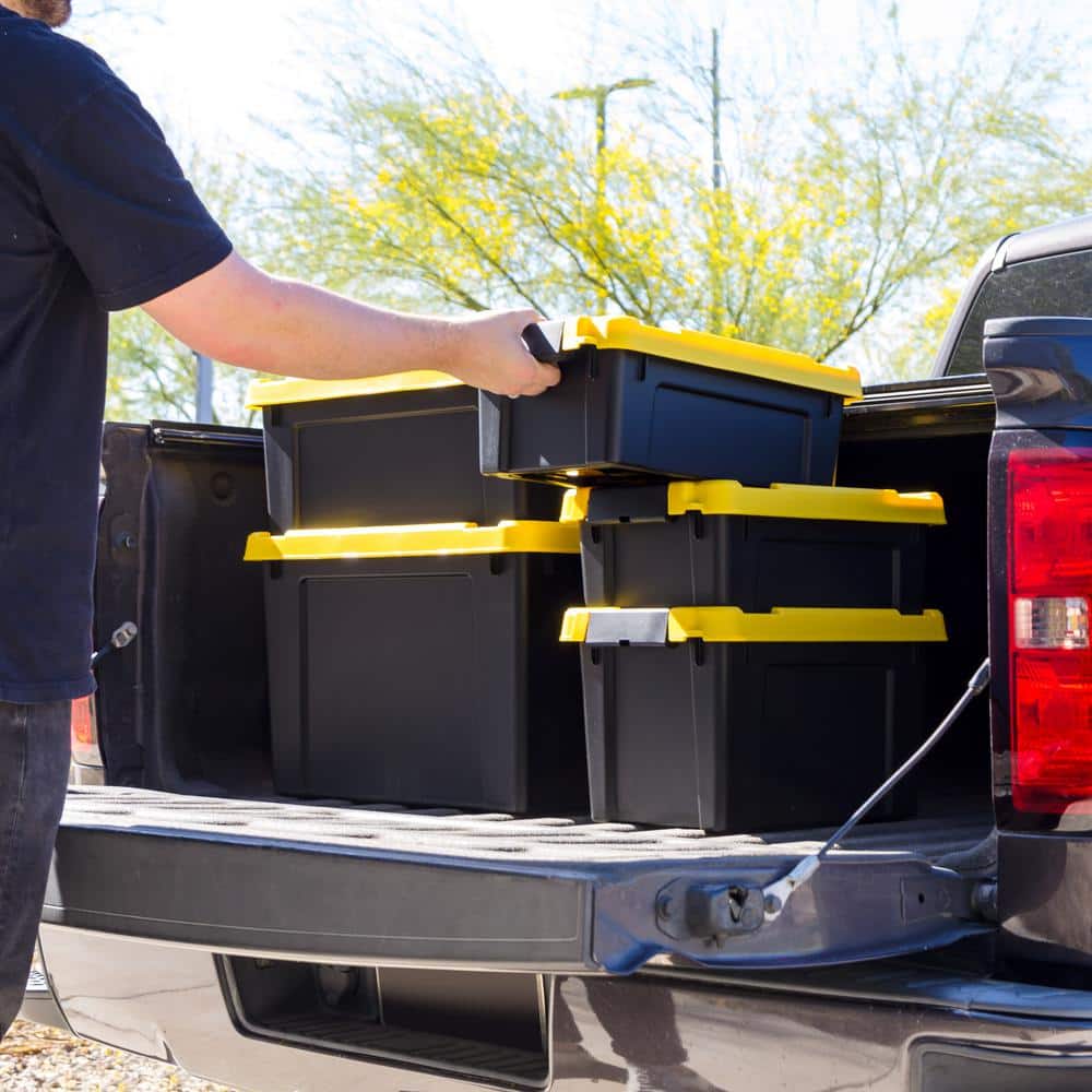 Heavy Duty Black and Yellow Stackable Storage Totes with Lids