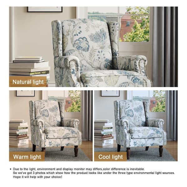 Uixe Retro Plants Blue Linen Nailhead Trim Upholstered High Back