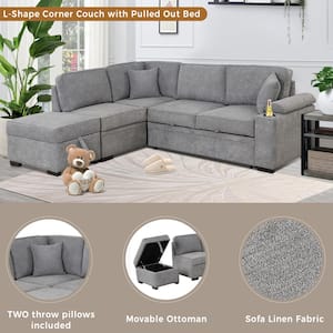 87.4 in. Gray Linen Upholstered L-Shaped Sleeper Sofa Bed with Pull-Out Bed and Storage Ottoman