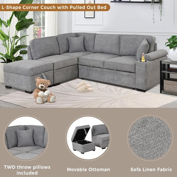 Nestfair 87.4 in. Gray Linen Upholstered L-Shaped Sleeper Sofa Bed with Pull-Out Bed and Storage Ottoman