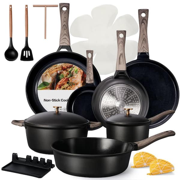 24 Piece Ti-Ceramic Nonstick Cookware Set with Aluminum Lids Black Induction Compatible Pots and Pans