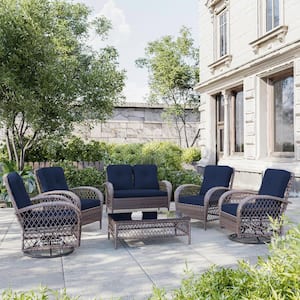 6-Piece Wicker Patio Conversation Set Outdoor Chair Set with Swivel Rocking Chair and Navy Blue Cushions