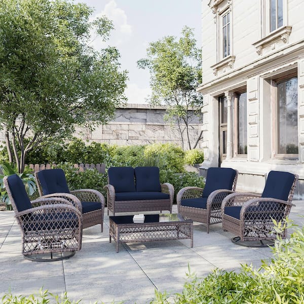 UPHA 6-Piece Wicker Patio Conversation Set Outdoor Chair Set with Swivel Rocking Chair and Navy Blue Cushions