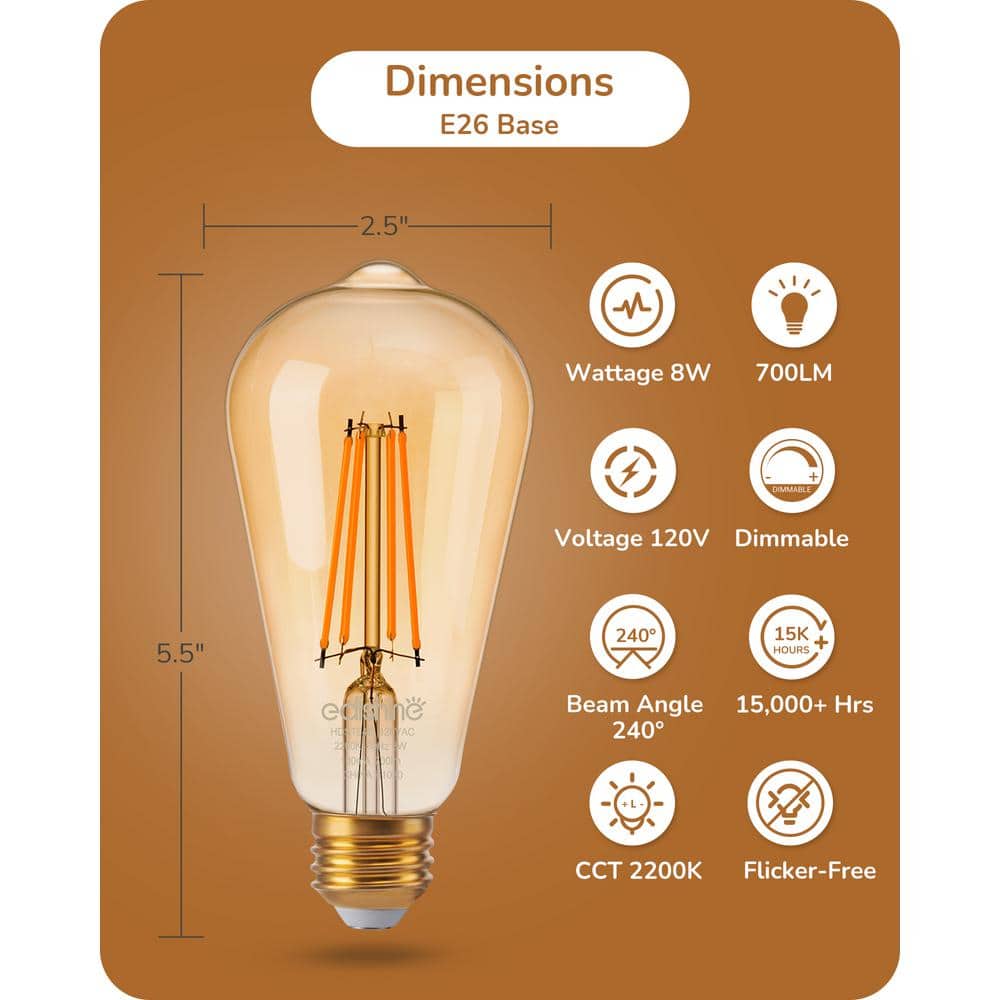 Amber Glass Vintage Edison LED Light Bulbs, 2200K Warm, 6-Pack
