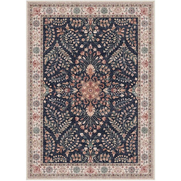 Vienna Black 9 ft. x 12 ft. Washable Vintage Floral Area Rug