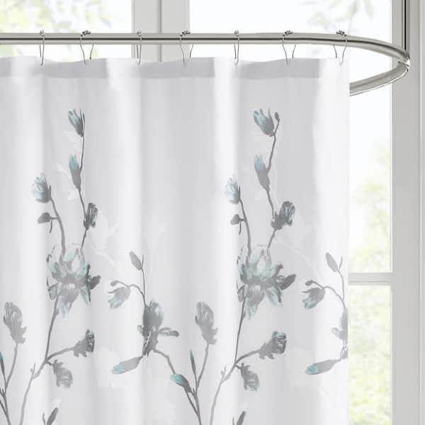 Sylvan 72 in. Aqua Floral Printed Burnout Shower Curtain