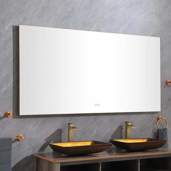 tunuo 72 in. W x 36 in. H Rectangular Aluminum Framed LED Anti-fog Wall Bathroom Vanity Mirror in Brushed Gold