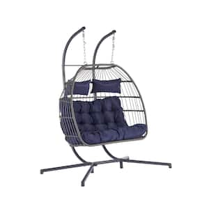 2-Person Hanging Egg Swing Chair Wicker Patio, Double Hammock Chair with Cushion and Stand in Navy Blue