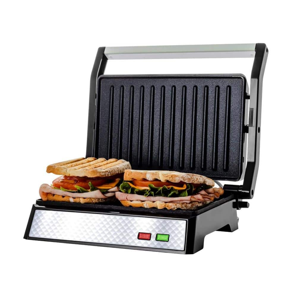 OVENTE Nickel Brushed Electric Panini Press Grill, 2-Slice, Drip Tray Included