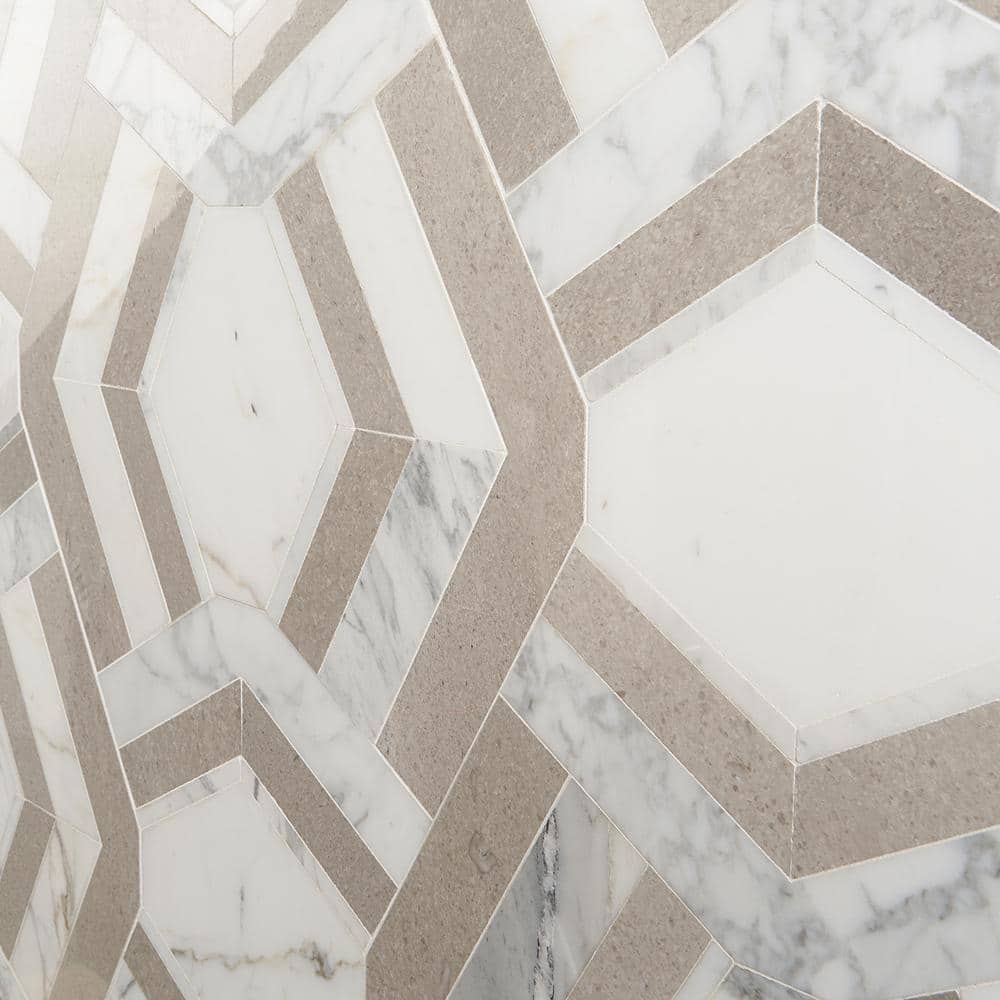 Cream and Gray Polished Marble Geometric Mosaic Tile