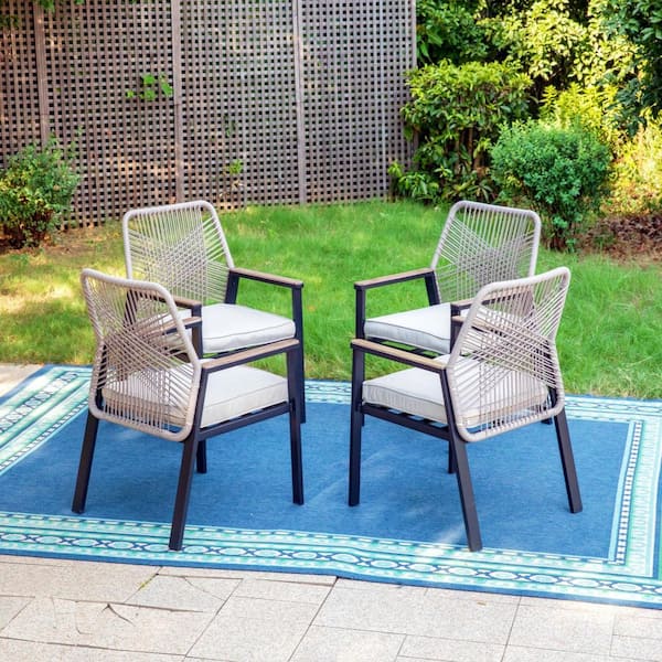 Black Metal Woven Rope Outdoor Patio Dining Chair with Beige Cushions (4-Pack)