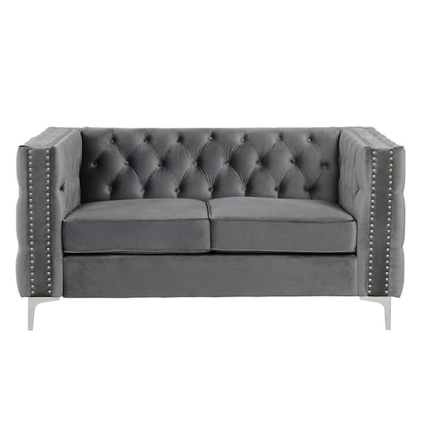 Morden Fort Modern 61 in. Grey Deep Dutch Velvet 2-Seater Loveseat with Iron Legs