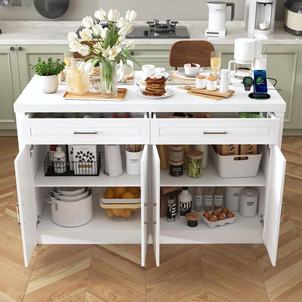 Homsee White Finish Wood Top 61 in. Kitchen Island with Adjustable