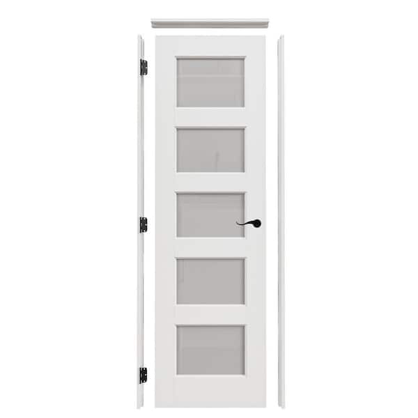 24 in. x 80 in. 5-Lite Frosted Glass Right White Solid Core Wood Single Interior Door with Quick Assemble Jamb