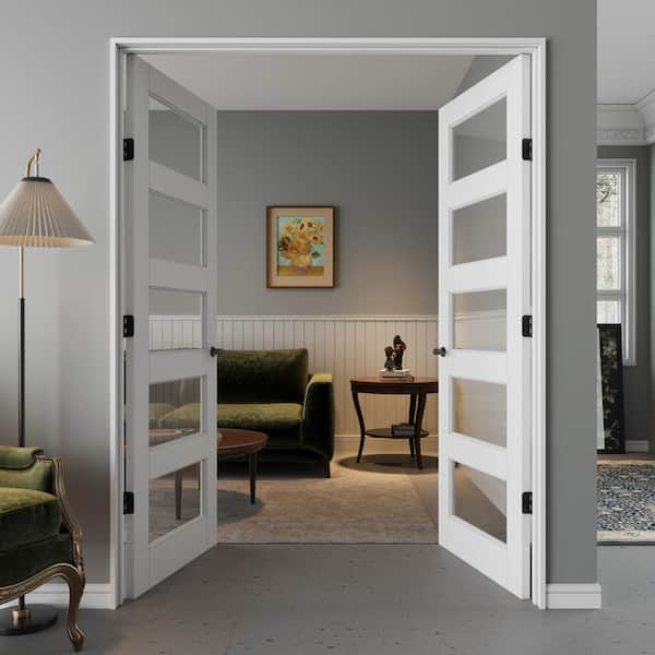 56 in. x 80 in. 5-Lite Clear Glass Universal-Hand White Solid Core Glass Double Prehung French Door+ Quick Assemble Jamb