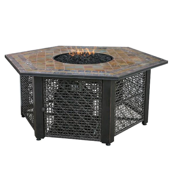 UniFlame 55 in. W Bronze Frame Slate Mosaic Tile Hexagon Mantle LP Gas Fire Pit with Electronic Ignition and Black Fire Glass