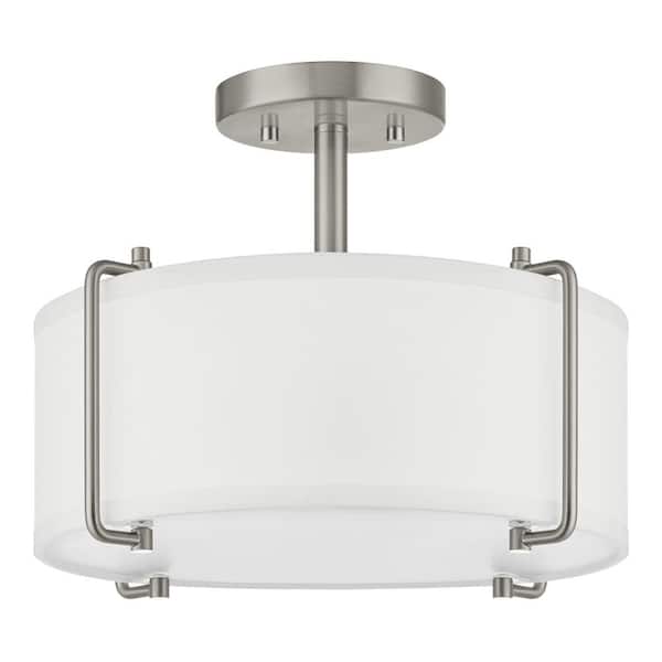 Home Decorators Collection Brookley 14 in. 2-Light Brushed Nickel Semi-Flush Mount with White Fabric Shade