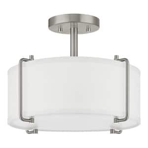 Brookley 14 in. 2-Light Brushed Nickel Semi-Flush Mount with White Fabric Shade