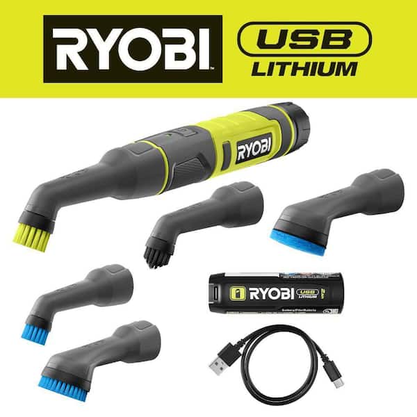RYOBI USB Lithium Cordless Compact Detail Scrubber Kit w/ 2Ah Battery, Charging Cable, & Soft Bristle Accessory Kit (2-Piece)