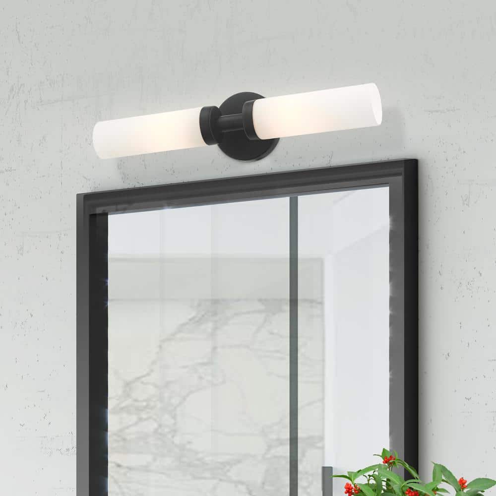 Black Steel 2-Light Vanity with Satin Opal Glass