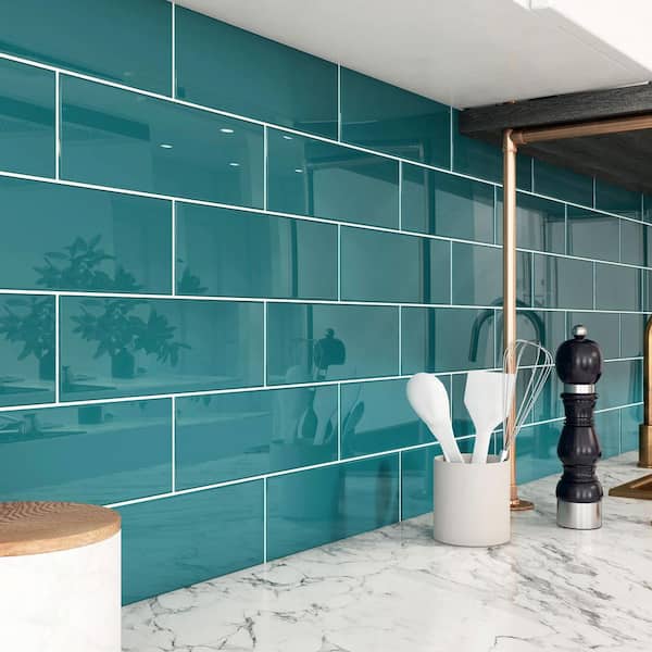Giorbello Dark Teal 4 in. x 12 in. x 8mm Glass Subway Tile (5 sq. ft./Case)