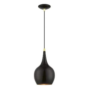 Andes 1-Light Shiny Black Mini Pendant with Polished Brass Accents