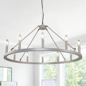37 in. 12-Light Silver Classic Adjustable Height Metal Ceiling Light Farmhouse Wagon Wheel Chandelier for Kitchen Island