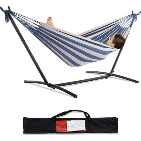 Unbranded 9 ft. 2-Person Heavy Duty Double Hammock with Space Saving Steel Stand, 450 lbs. Capacity and Carrying Bag in Sky