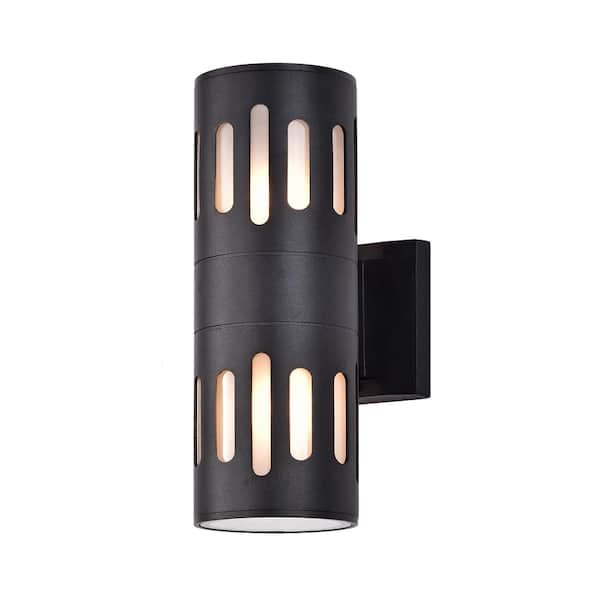 C Cattleya 11.75 in. 2-Light Black Die-Cast Aluminum Cylinder Outdoor Wall Sconce